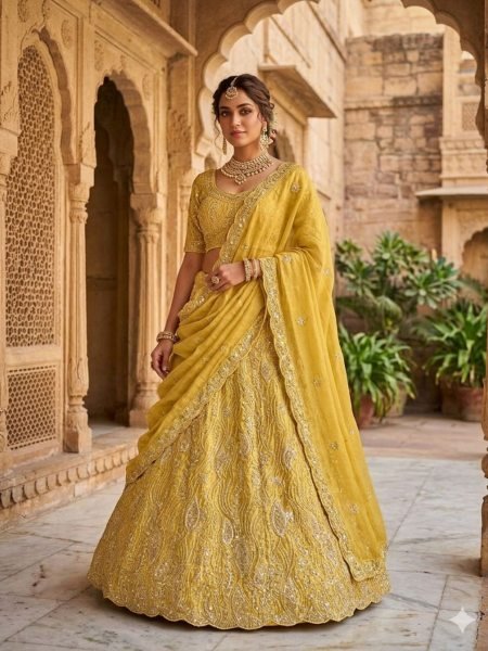 Alluring Yellow Silk Lehenga with Zari and Stone Work for Haldi Function  Lehenga