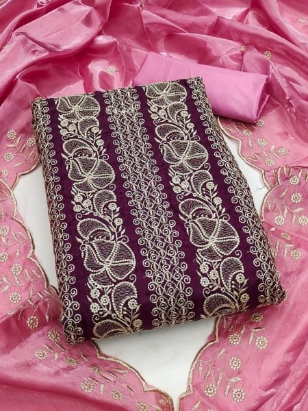 Althera Pink Designer Silk Dress Material Set with Embroidery for Festive Wear Color Set Matching Dress Material Wholesale