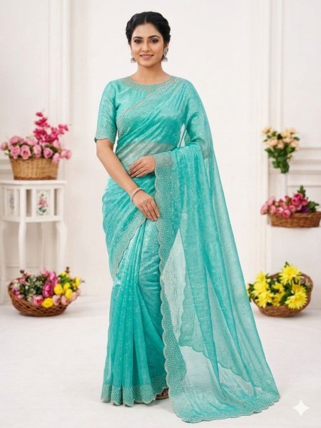 Althera Sky Blue Designer Silk Saree with Diamond Work for Festive Occasions Designer Wedding Sarees Wholesale