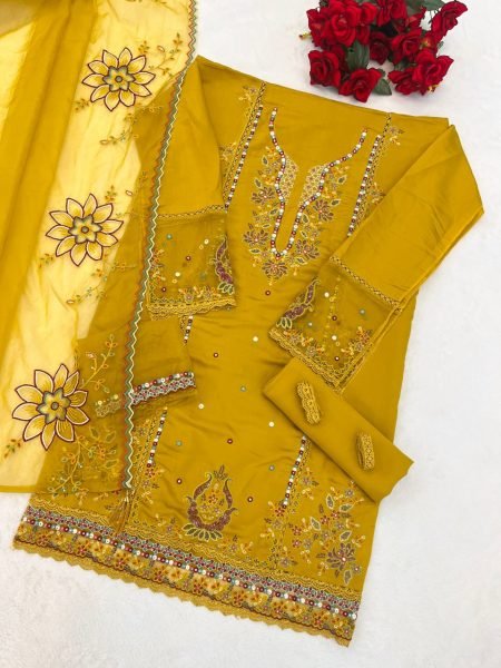 Alvira Fashion Design No  723 A PV Cotton Embroidery   Sequence Work Suit Set with Organza Dupatta for Wholesaler at Wholesale Rate Cotton Salwar Kameez Wholesale
