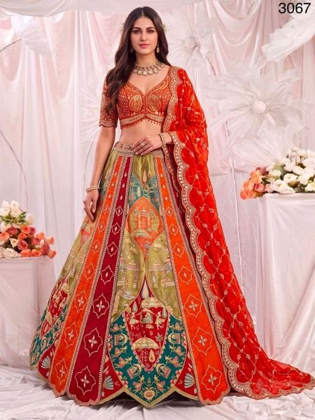 Amazing Orange Gadhwal Silk Partywear Lehenga Choli with Ready to Wear Blouse at Manufacturer Rate 