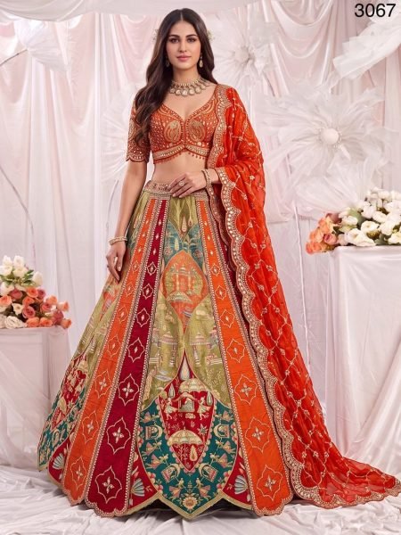 Amazing Orange Gadhwal Silk Partywear Lehenga Choli with Ready to Wear Blouse at Manufacturer Rate Bridal Lehenga Choli