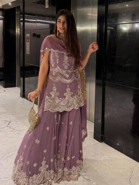 Amethyst Glow Faux Georgette Embroidery Sharara Outfit with Sequins Dupatta Royal Celebrations Ready To Wear Suit