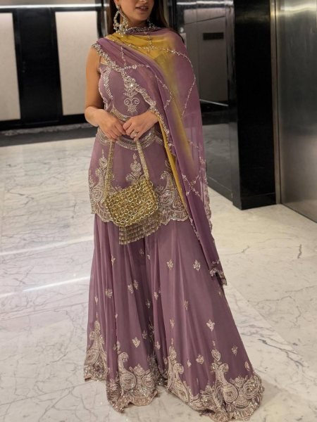 Amethyst Glow Faux Georgette Embroidery Sharara Outfit with Sequins Dupatta Royal Celebrations Ready To Wear Collection