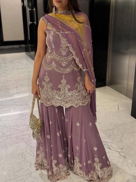 Amethyst Glow Faux Georgette Embroidery Sharara Outfit with Sequins Dupatta Royal Celebrations Ready To Wear Collection