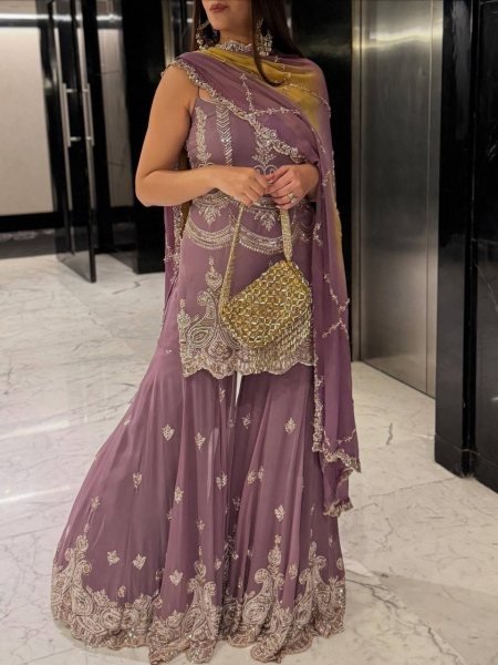Amethyst Glow Faux Georgette Embroidery Sharara Outfit with Sequins Dupatta Royal Celebrations Ready To Wear Collection