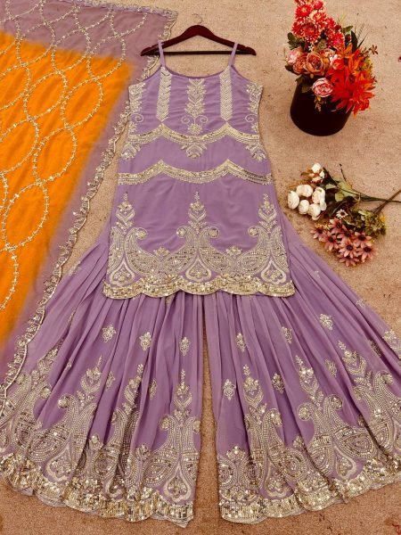 Amethyst Glow Faux Georgette Embroidery Sharara Outfit with Sequins Dupatta Royal Celebrations Ready To Wear Collection