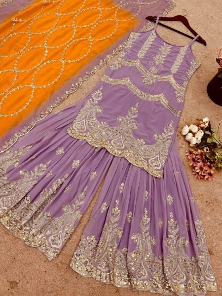 Amethyst Glow Faux Georgette Embroidery Sharara Outfit with Sequins Dupatta Royal Celebrations Ready To Wear Collection
