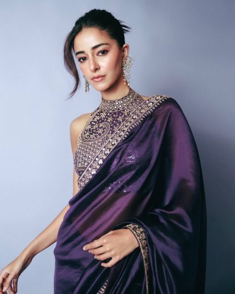 ananya Bollywood Celebrity Purple Saree Partywear in Jimmi Choo Fabric with Starry Sequins Wholesale Price Bollywood Fancy Sarees Wholesale