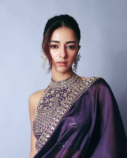 ananya Bollywood Celebrity Purple Saree Partywear in Jimmi Choo Fabric with Starry Sequins Wholesale Price Bollywood Fancy Sarees Wholesale