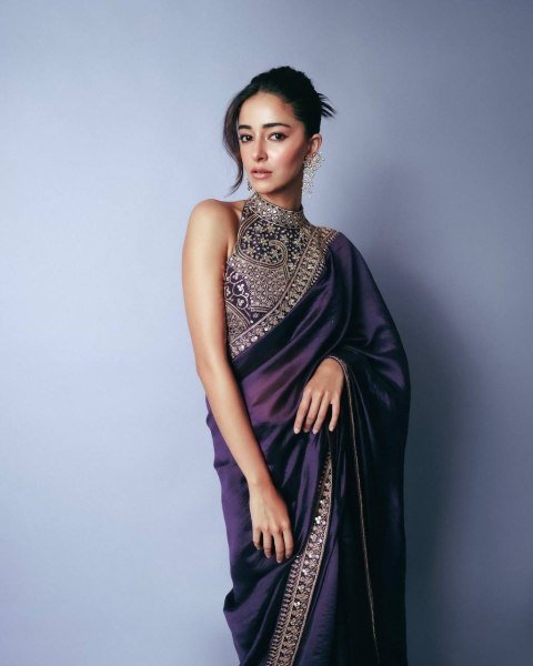 ananya Bollywood Celebrity Purple Saree Partywear in Jimmi Choo Fabric with Starry Sequins Wholesale Price Bollywood Fancy Sarees Wholesale