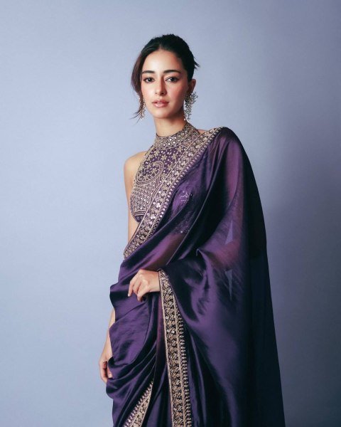 ananya Bollywood Celebrity Purple Saree Partywear in Jimmi Choo Fabric with Starry Sequins Wholesale Price Bollywood Fancy Sarees Wholesale