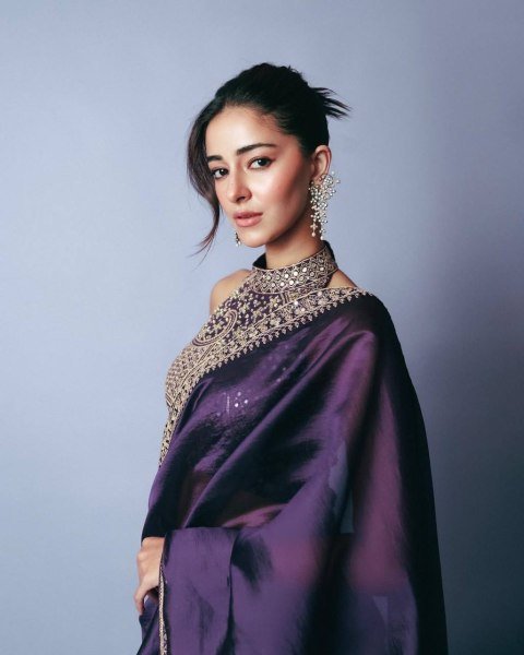 ananya Bollywood Celebrity Purple Saree Partywear in Jimmi Choo Fabric with Starry Sequins Wholesale Price Bollywood Fancy Sarees Wholesale