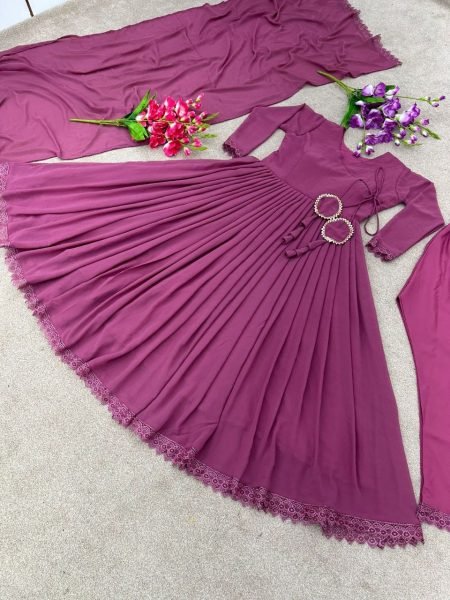 Anarkali Heavy Georgette Gown Pant With dupatta And Fancy Latkan Dori  3 Piece Kurti Set