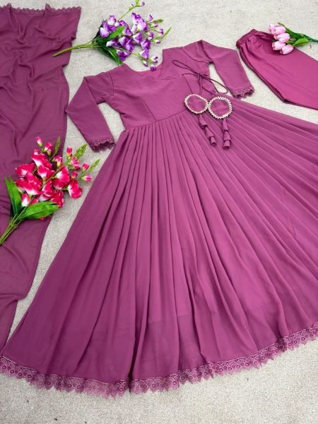 Anarkali Heavy Georgette Gown Pant With dupatta And Fancy Latkan Dori  3 Piece Kurti Set