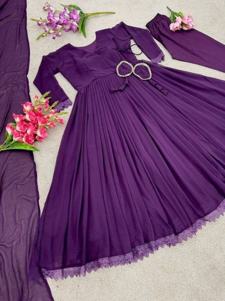 Anarkali Heavy Georgette Gown Pant With dupatta And Fancy Latkan Dori  3 Piece Kurti Set
