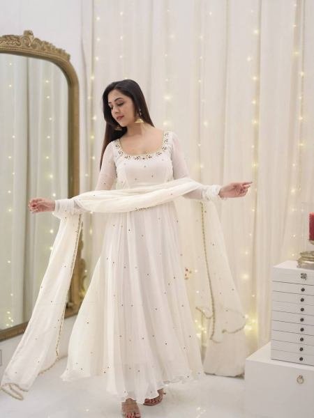 Anarkali Style White Georgette Gown with Sequence Embroidery & Dupatta for Women Kurtis