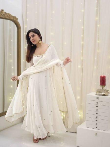 Anarkali Style White Georgette Gown with Sequence Embroidery & Dupatta for Women Anarkali Kurtis 