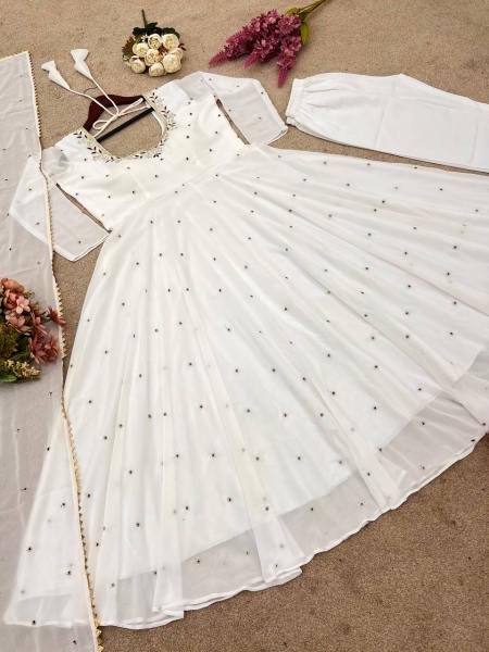 Anarkali Style White Georgette Gown with Sequence Embroidery & Dupatta for Women Anarkali Kurtis 