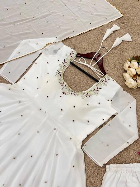 Anarkali Style White Georgette Gown with Sequence Embroidery & Dupatta for Women Anarkali Kurtis 