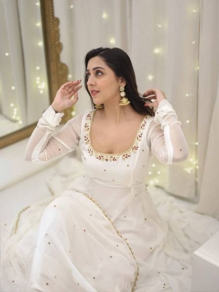 Anarkali Style White Georgette Gown with Sequence Embroidery & Dupatta for Women Anarkali Kurtis 