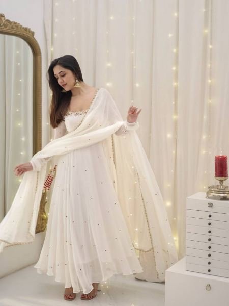 Anarkali Style White Georgette Gown with Sequence Embroidery & Dupatta for Women Anarkali Kurtis 