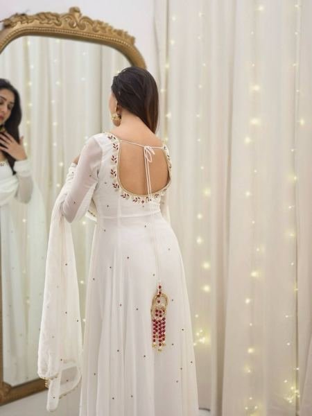 Anarkali Style White Georgette Gown with Sequence Embroidery & Dupatta for Women Anarkali Kurtis 