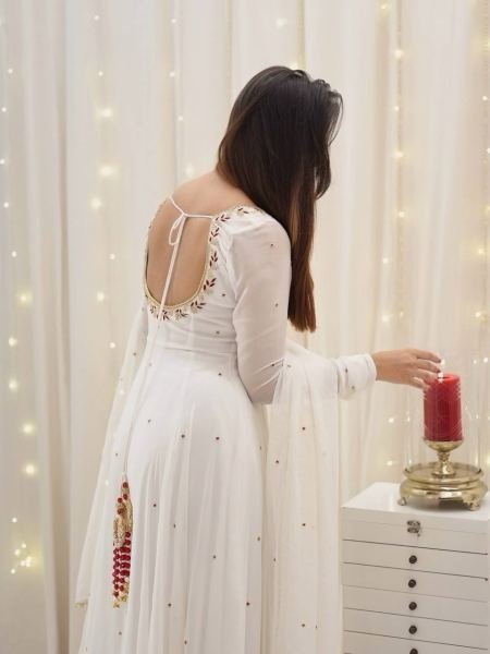 Anarkali Style White Georgette Gown with Sequence Embroidery & Dupatta for Women Anarkali Kurtis 