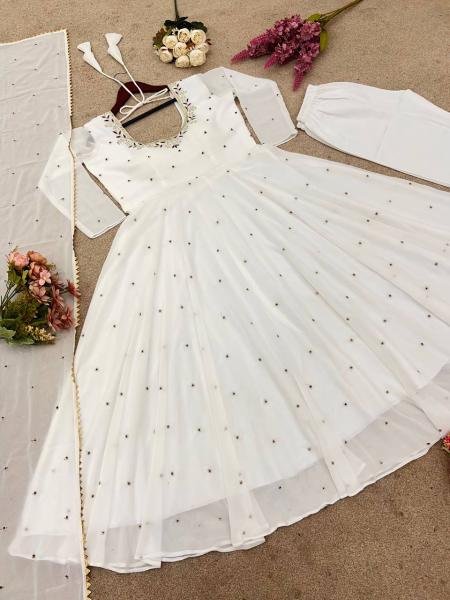 Anarkali Style White Georgette Gown with Sequence Embroidery & Dupatta for Women Anarkali Kurtis 