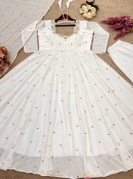Anarkali Style White Georgette Gown with Sequence Embroidery & Dupatta for Women Anarkali Kurtis 