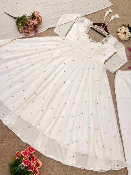 Anarkali Style White Georgette Gown with Sequence Embroidery & Dupatta for Women Anarkali Kurtis 
