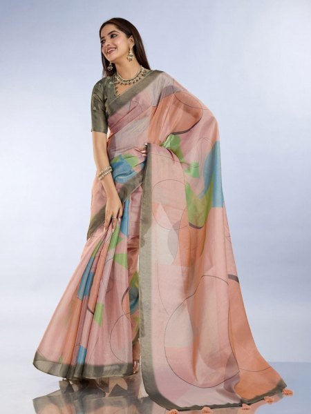 Anmol Silk Saree in Subtle Pastel Shades with Tassel Pallu and Blouse Piece  