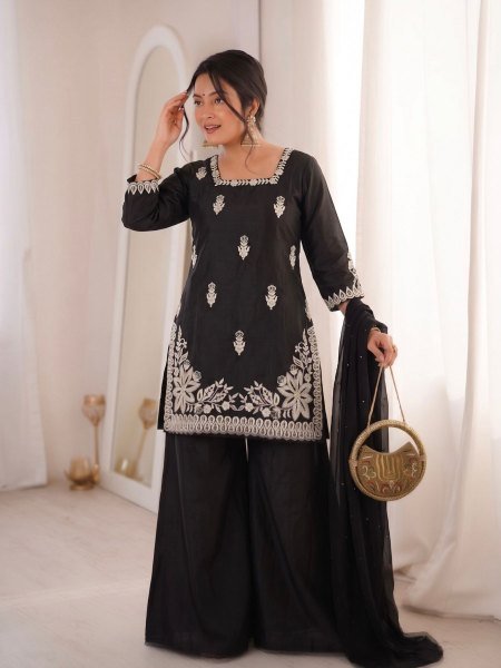 Apparel Supplier Black Roman Silk Embroidered  Kurti Palazzo Set With Pearl Dupatta  Ready To Wear Suit