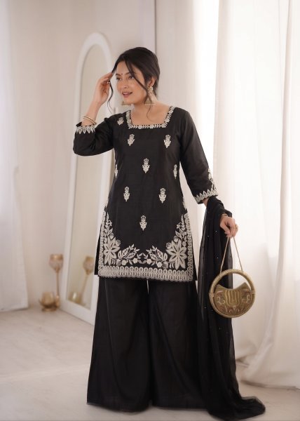 Apparel Supplier Black Roman Silk Embroidered  Kurti Palazzo Set With Pearl Dupatta  Ready To Wear Collection
