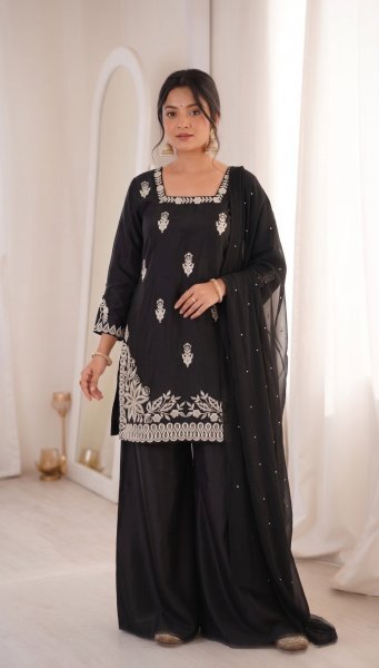 Apparel Supplier Black Roman Silk Embroidered  Kurti Palazzo Set With Pearl Dupatta  Ready To Wear Collection