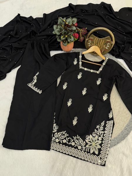Apparel Supplier Black Roman Silk Embroidered  Kurti Palazzo Set With Pearl Dupatta  Ready To Wear Collection