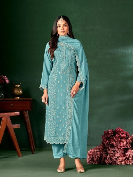Aqua Allure Light Blue Chinon Suit with Swarovski Dupatta Ideal for Festive Look  Salwar Kameez