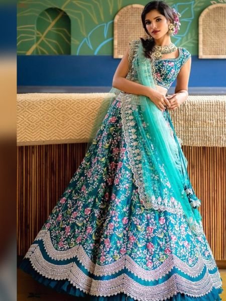 Aqua blue colour Embroidered Attractive Party Wear Silk Lehenga choli 