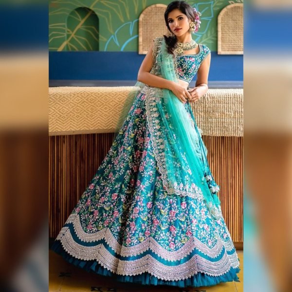 Aqua blue colour Embroidered Attractive Party Wear Silk Lehenga choli Designer Lehenga Choli