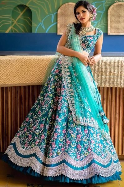 Aqua blue colour Embroidered Attractive Party Wear Silk Lehenga choli Designer Lehenga Choli