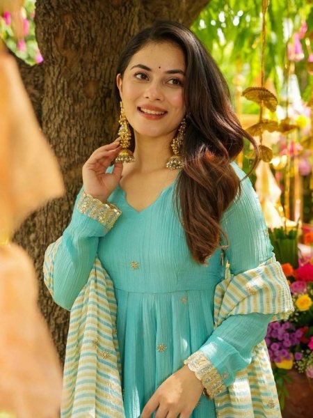 Aqua Blue Faux Georgette Gown Style Kurti with Pant and Dupatta Ready to Wear Bulk Order Kurtis