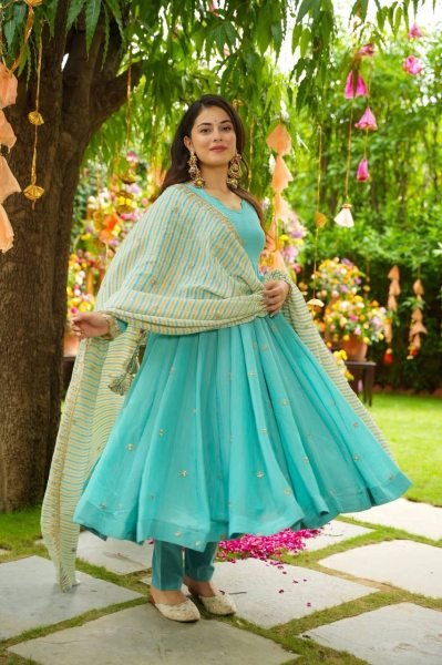 Aqua Blue Faux Georgette Gown Style Kurti with Pant and Dupatta Ready to Wear Bulk Order Anarkali Kurtis 