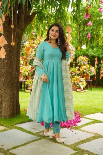 Aqua Blue Faux Georgette Gown Style Kurti with Pant and Dupatta Ready to Wear Bulk Order Anarkali Kurtis 