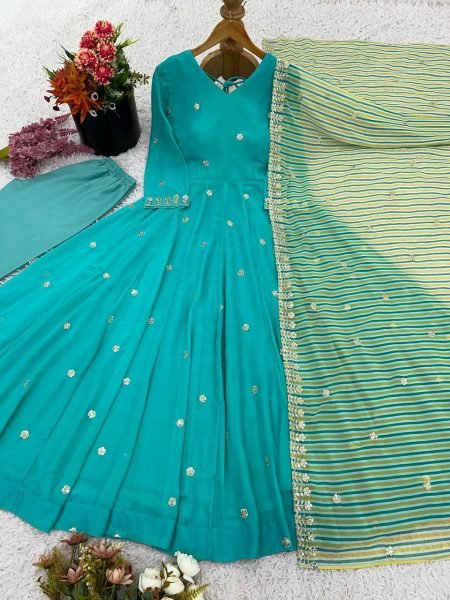 Aqua Blue Faux Georgette Gown Style Kurti with Pant and Dupatta Ready to Wear Bulk Order Anarkali Kurtis 