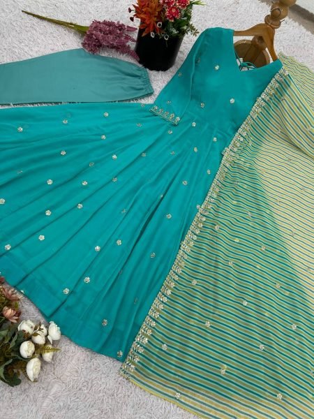Aqua Blue Faux Georgette Gown Style Kurti with Pant and Dupatta Ready to Wear Bulk Order Anarkali Kurtis 