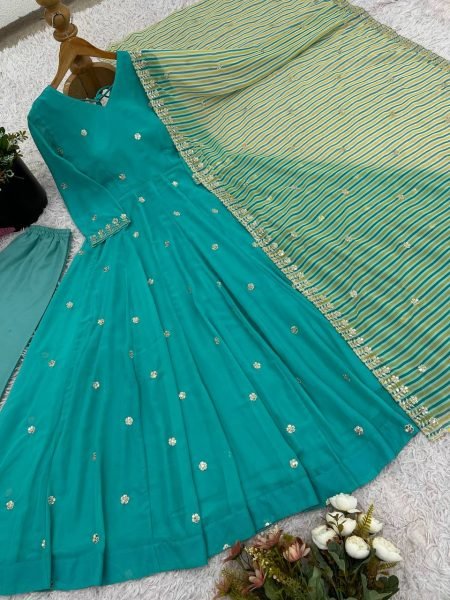 Aqua Blue Faux Georgette Gown Style Kurti with Pant and Dupatta Ready to Wear Bulk Order Anarkali Kurtis 