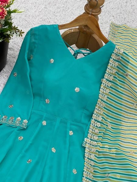 Aqua Blue Faux Georgette Gown Style Kurti with Pant and Dupatta Ready to Wear Bulk Order Anarkali Kurtis 