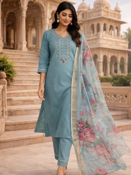 Aqua Green Heavy Roman Silk Suit Set with Embroidery Work for Festive Wear Kurtis