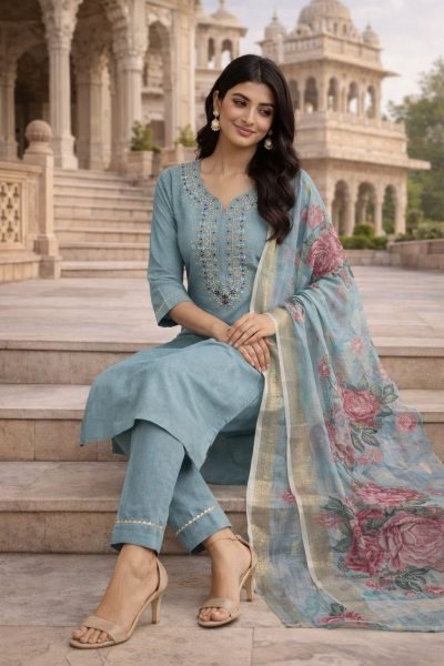 Aqua Green Heavy Roman Silk Suit Set with Embroidery Work for Festive Wear Embroidery Kurtis 