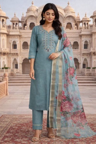 Aqua Green Heavy Roman Silk Suit Set with Embroidery Work for Festive Wear Embroidery Kurtis 